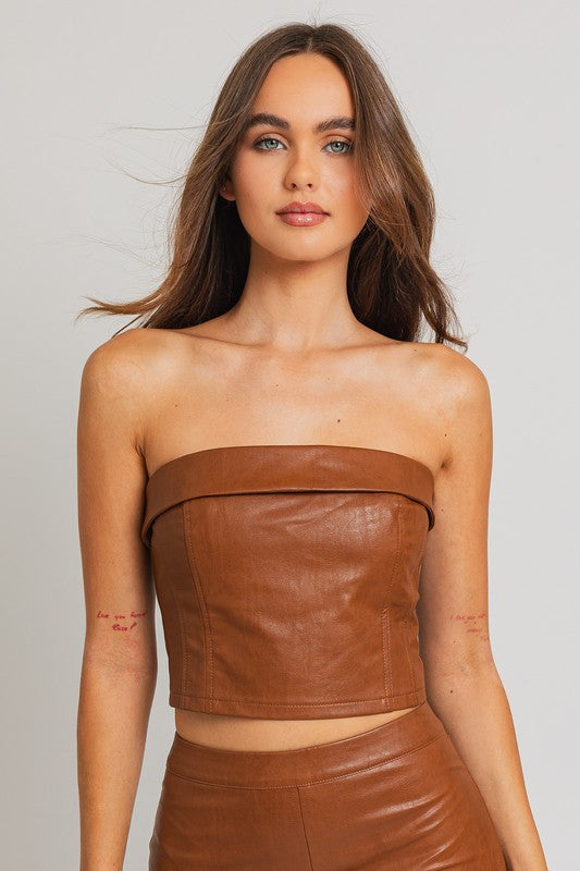 Brown Faux Leather Cropped Tube Top - steven wick