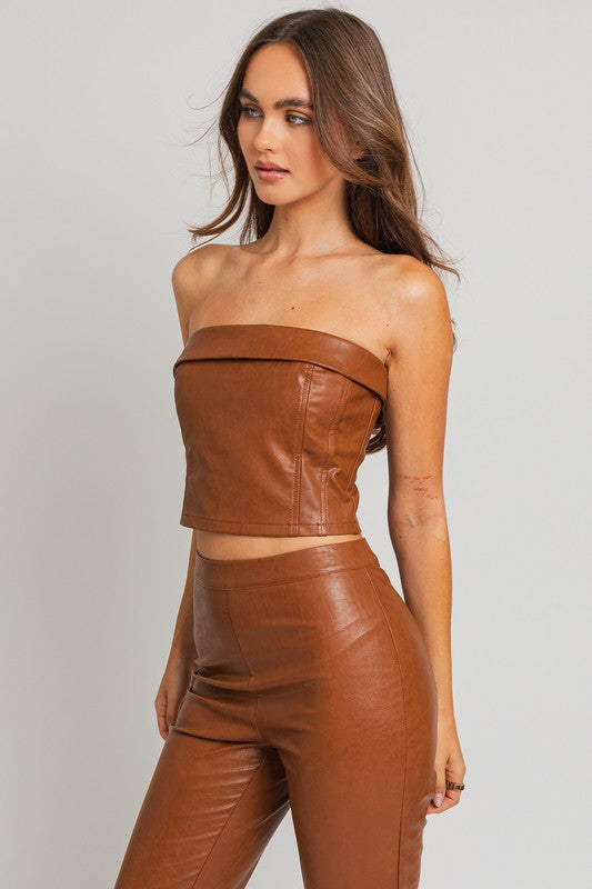 Brown Faux Leather Cropped Tube Top - steven wick