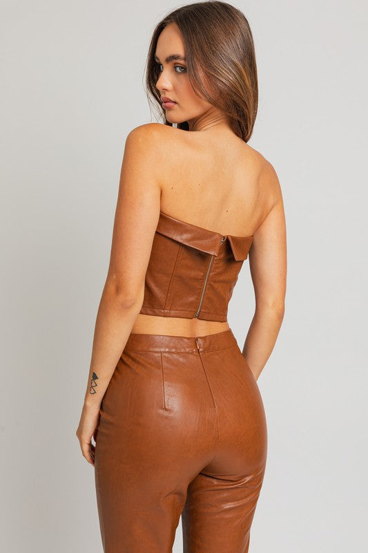 Brown Faux Leather Cropped Tube Top - steven wick
