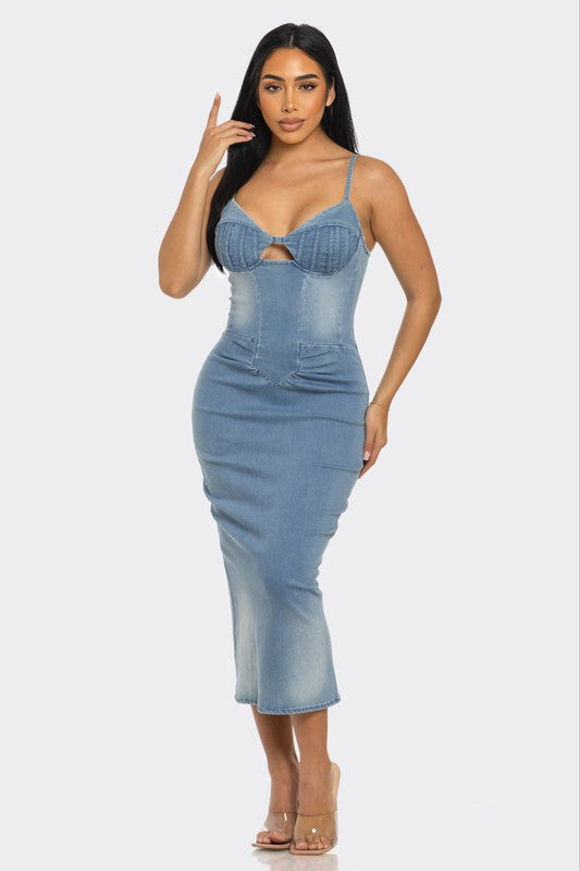 Denim Spaghetti Strapp Light Washed Midi Dress - steven wick