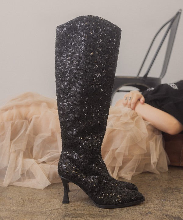 Glitz Jeweled Knee High Sequin Boots - steven wick