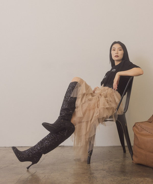 Glitz Jeweled Knee High Sequin Boots - steven wick
