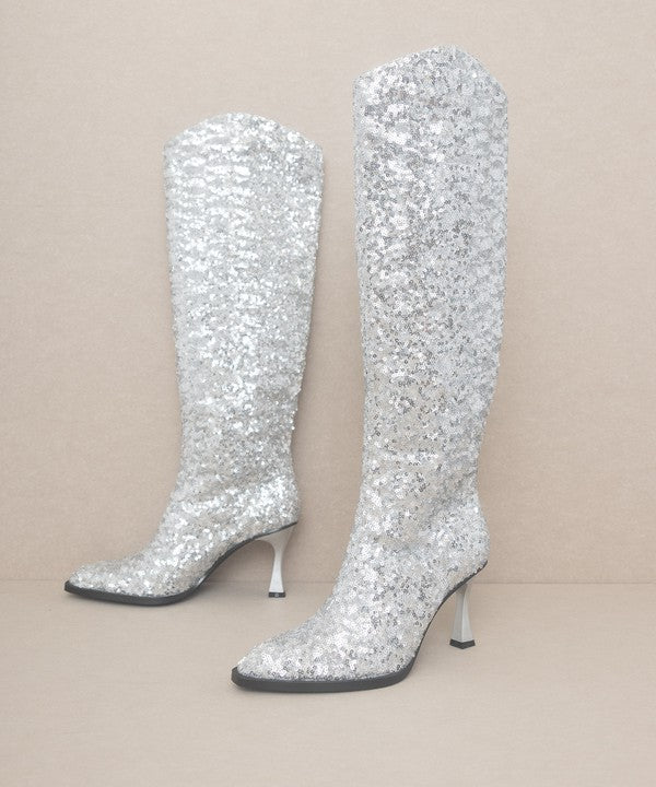 Glitz Jeweled Knee High Sequin Boots - steven wick