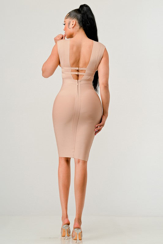 Nude Deep Plunge Bandage Dress - steven wick