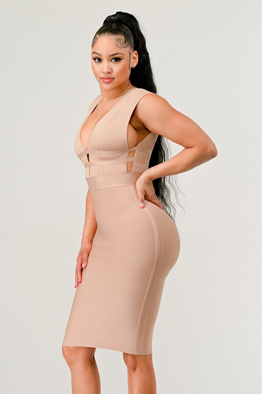 Nude Deep Plunge Bandage Dress - steven wick