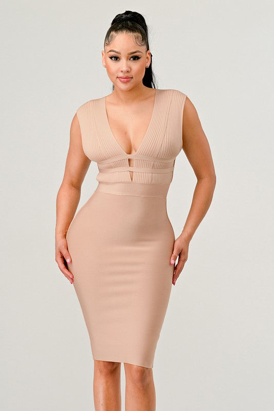 Nude Deep Plunge Bandage Dress - steven wick