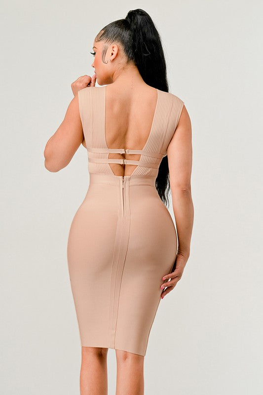 Nude Deep Plunge Bandage Dress - steven wick