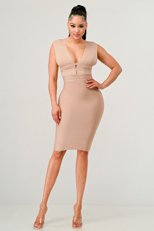 Nude Deep Plunge Bandage Dress - steven wick