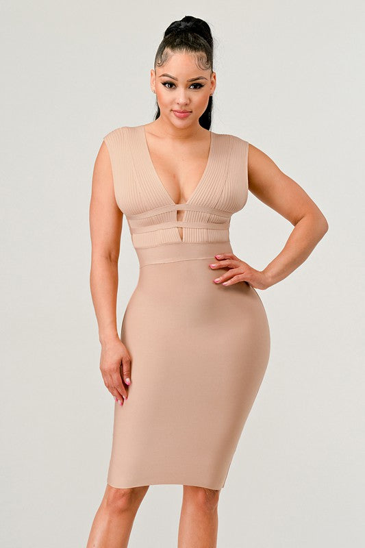 Nude Deep Plunge Bandage Dress - steven wick