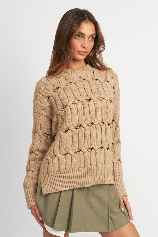 Open Knit Cable Sweater with Slits - steven wick