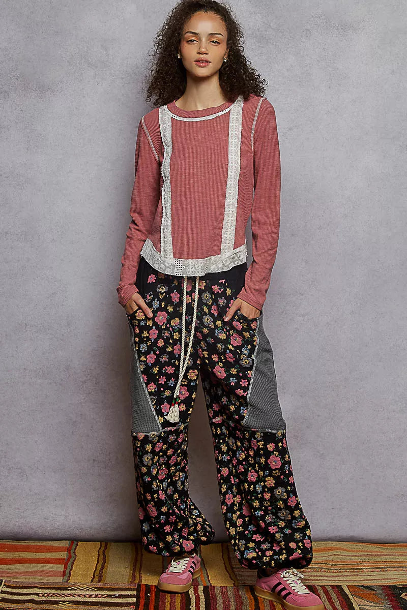 Contrast Round Neck Long Sleeve Ribbed Top with Eyelet Patch - steven wick