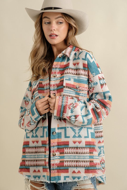 Long-sleeved Frayed Aztec Western Shacket - steven wick