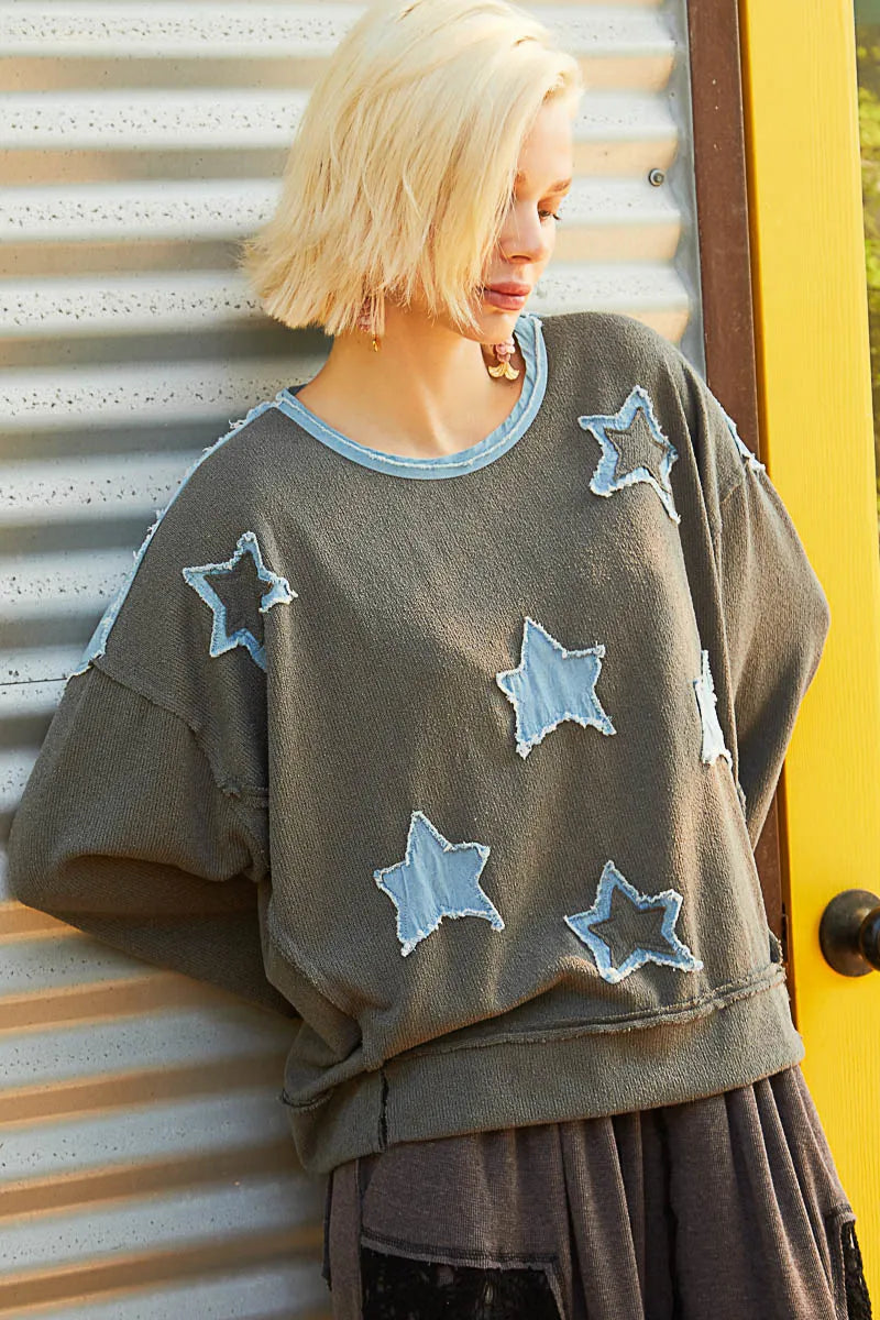 Exposed Seam Relaxed Fit Sweater with Star Denim Patch - steven wick