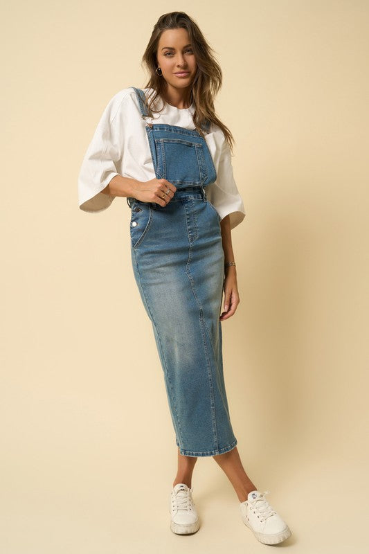 Medium Denim Wash Overall Denim Long Skirt - steven wick