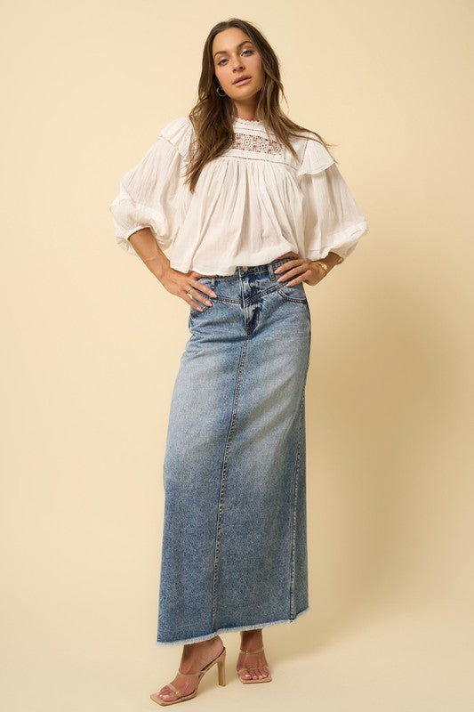Denim Wash High Rise Frayed Hem Maxi Skirt - steven wick