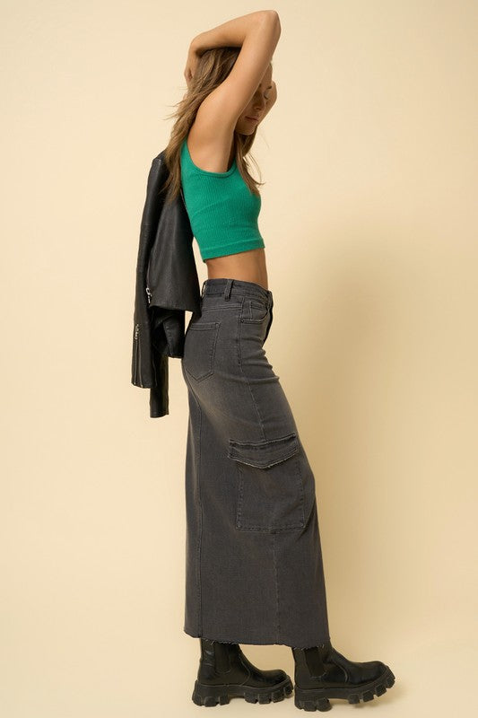 Black Wash Denim Maxi Cargo Skirt - steven wick