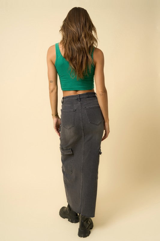 Black Wash Denim Maxi Cargo Skirt - steven wick