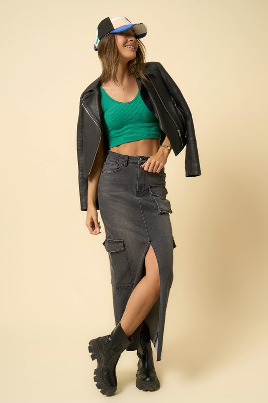 Black Wash Denim Maxi Cargo Skirt - steven wick