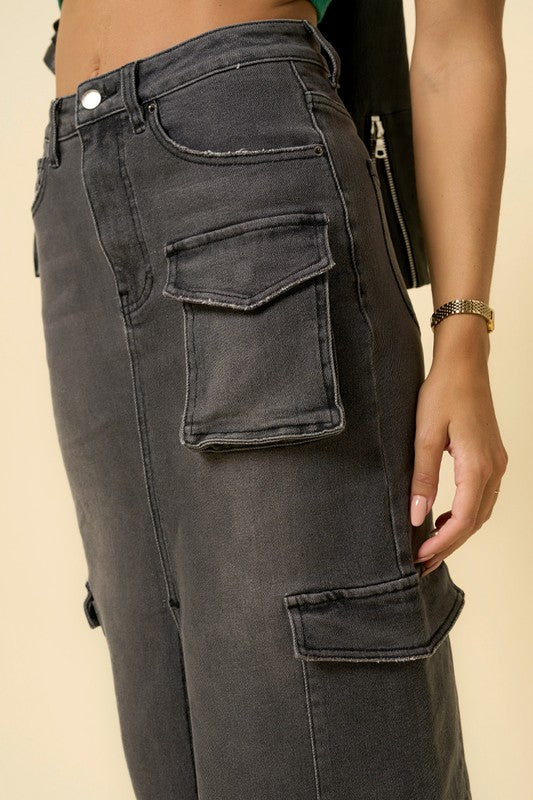 Black Wash Denim Maxi Cargo Skirt - steven wick