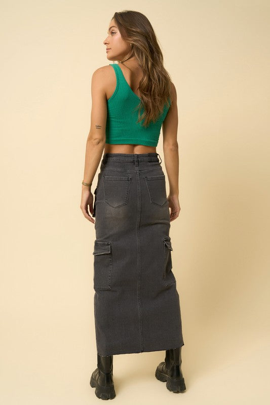 Black Wash Denim Maxi Cargo Skirt - steven wick