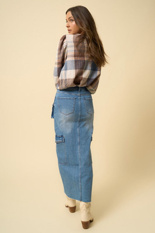 Medium Wash Denim Maxi Cargo Skirt - steven wick