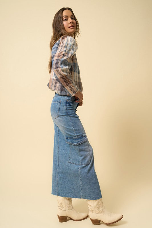 Medium Wash Denim Maxi Cargo Skirt - steven wick
