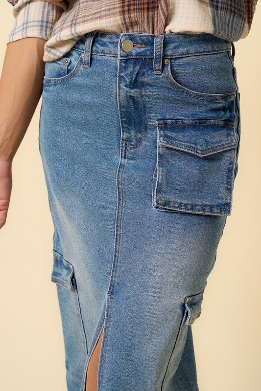 Medium Wash Denim Maxi Cargo Skirt - steven wick