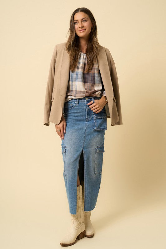 Medium Wash Denim Maxi Cargo Skirt - steven wick