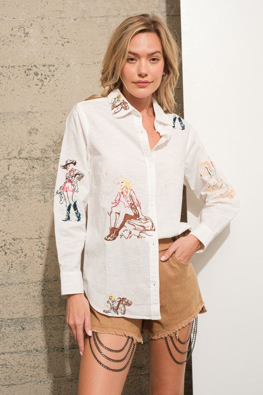 Embroidered Western Cowgirl Linen Shirt Blouse - steven wick