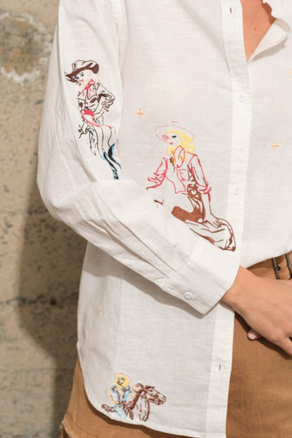 Embroidered Western Cowgirl Linen Shirt Blouse - steven wick