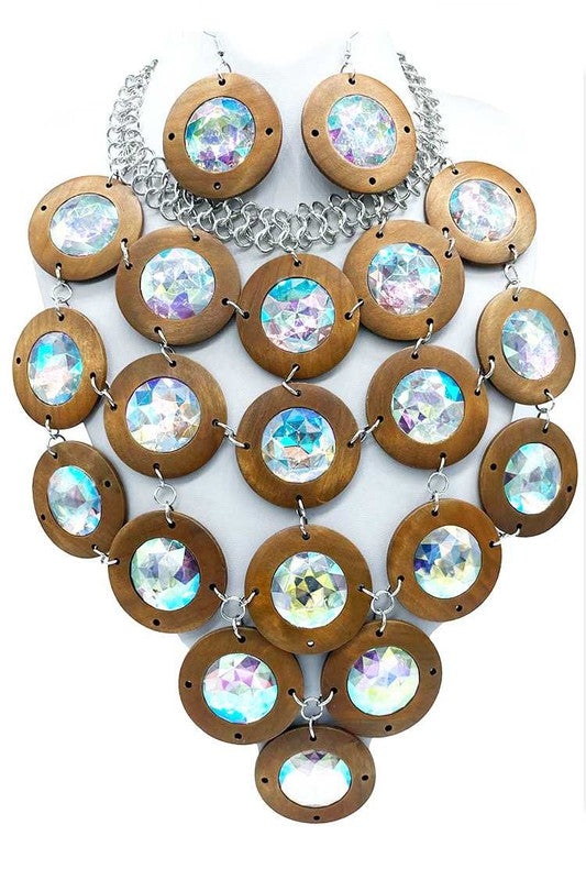 Crystal Wood Disk Statement Bib Necklace Set - steven wick