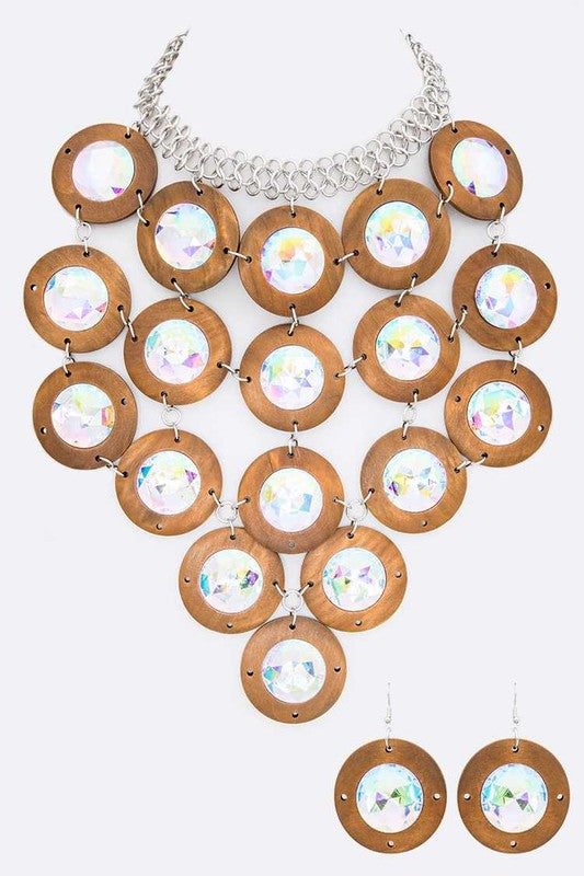 Crystal Wood Disk Statement Bib Necklace Set - steven wick