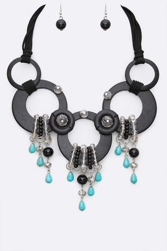 Wooden Disk Fringe Beading Statement Necklace Set - steven wick