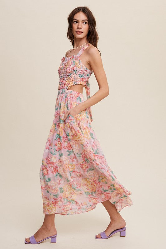 Floral Bubble Textured Two-Piece Style Maxi Dress - steven wick