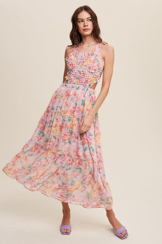 Floral Bubble Textured Two-Piece Style Maxi Dress - steven wick