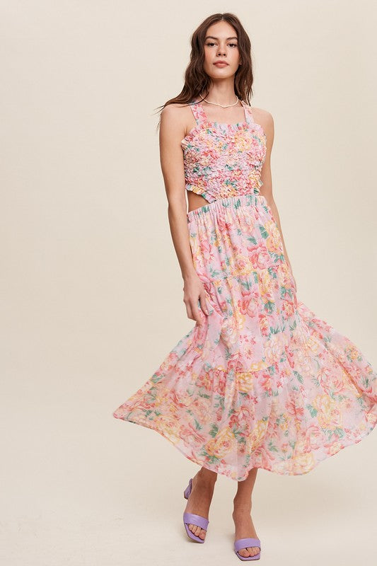 Floral Bubble Textured Two-Piece Style Maxi Dress - steven wick