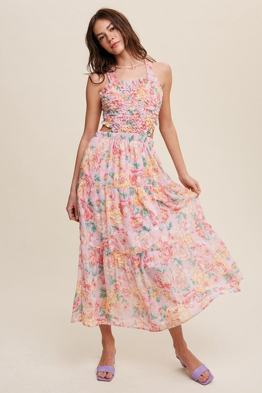 Floral Bubble Textured Two-Piece Style Maxi Dress - steven wick