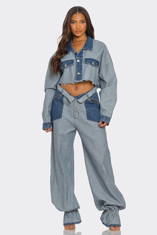 Two-Toned Cropped Contrast Denim Set - steven wick