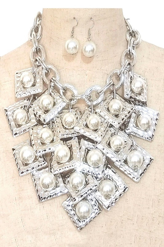 Layered Flat Square Link Fringe Pearl Necklace Set - steven wick