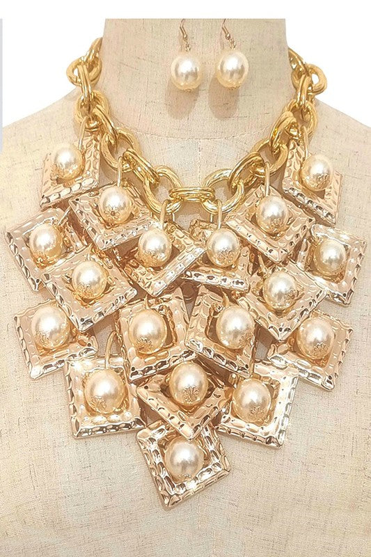 Layered Flat Square Link Fringe Pearl Necklace Set - steven wick