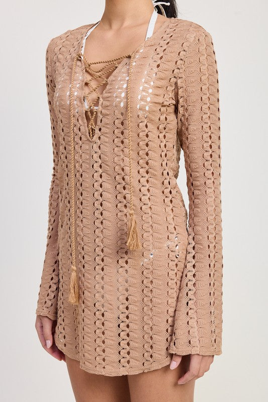 Long-Sleeved Lace Up Cover-Up Dress - steven wick