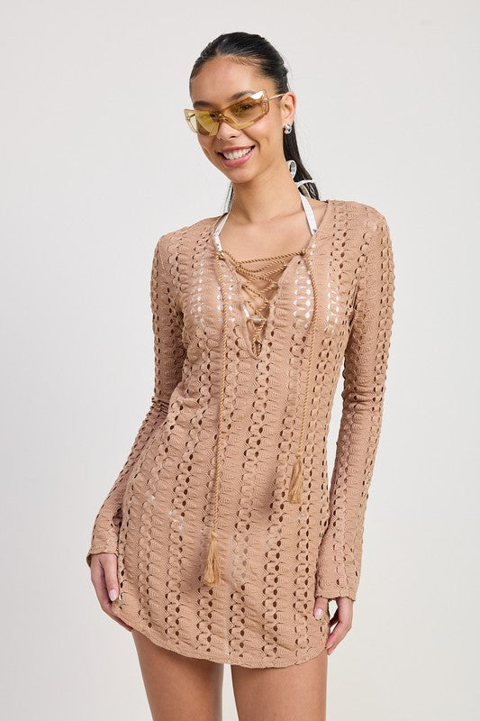Long-Sleeved Lace Up Cover-Up Dress - steven wick