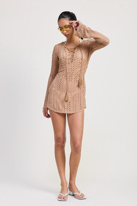 Long-Sleeved Lace Up Cover-Up Dress - steven wick