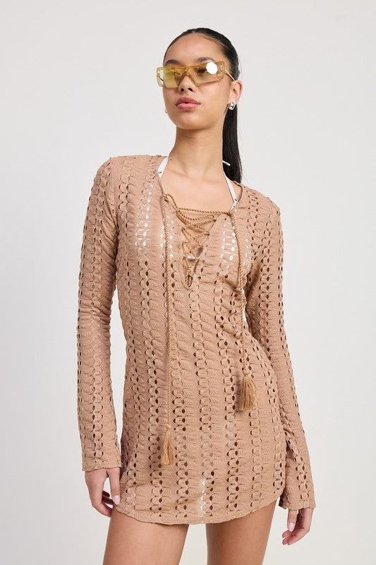 Long-Sleeved Lace Up Cover-Up Dress - steven wick