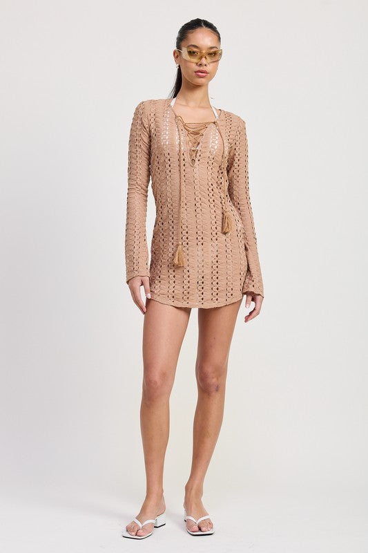 Long-Sleeved Lace Up Cover-Up Dress - steven wick