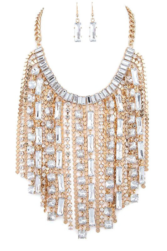 Crystal Fringe Chain Statement Necklace Set - steven wick