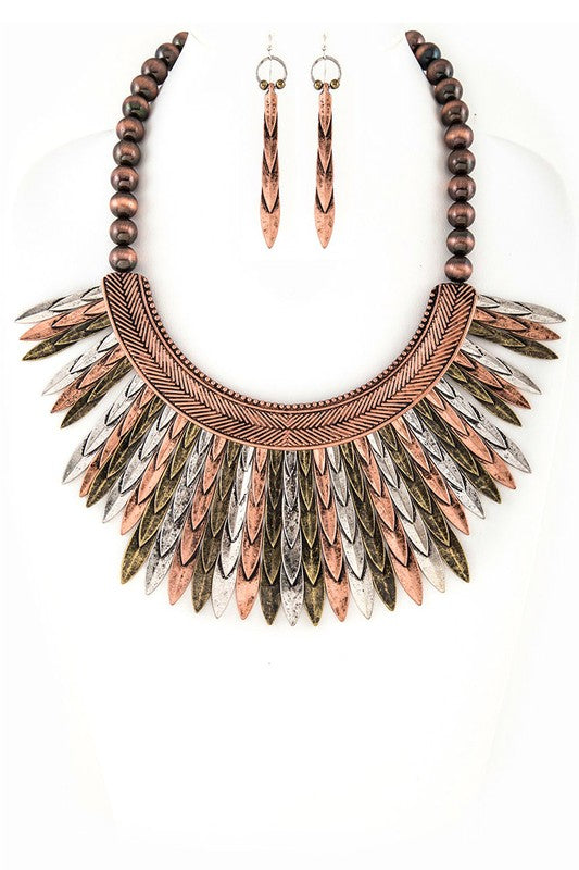 Metal Feather Statement Collar Necklace Set - steven wick
