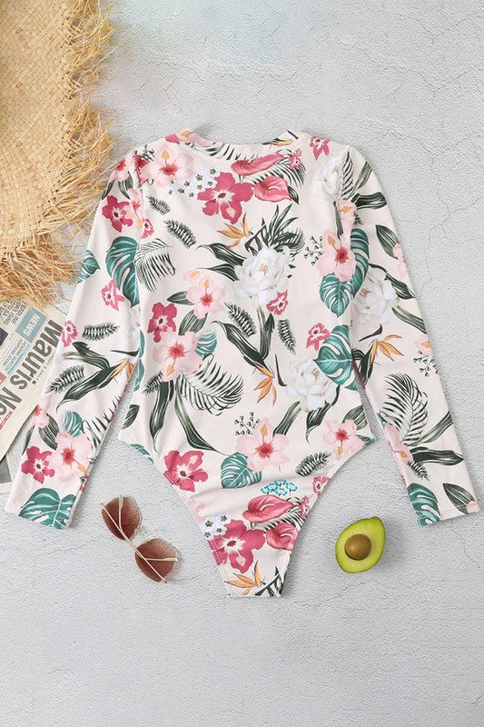 Pink Floral Zip Long Sleeve UPF50 Rash Guard - steven wick