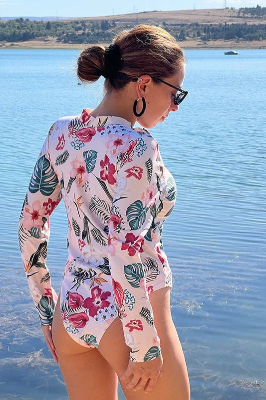 Pink Floral Zip Long Sleeve UPF50 Rash Guard - steven wick