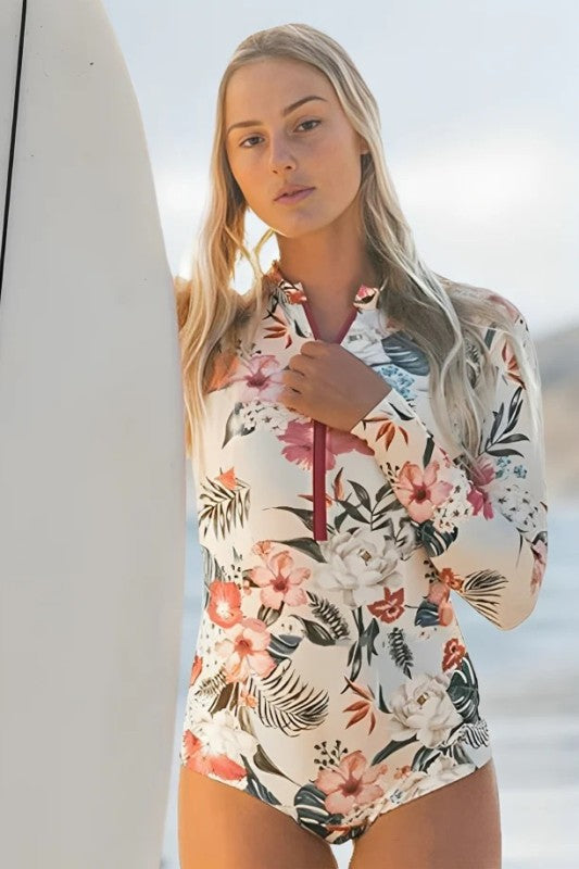 Pink Floral Zip Long Sleeve UPF50 Rash Guard - steven wick